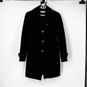 Kenneth Cole New York 8 Wool Blend Black 3 Button Long Coat Demure Classic Goth